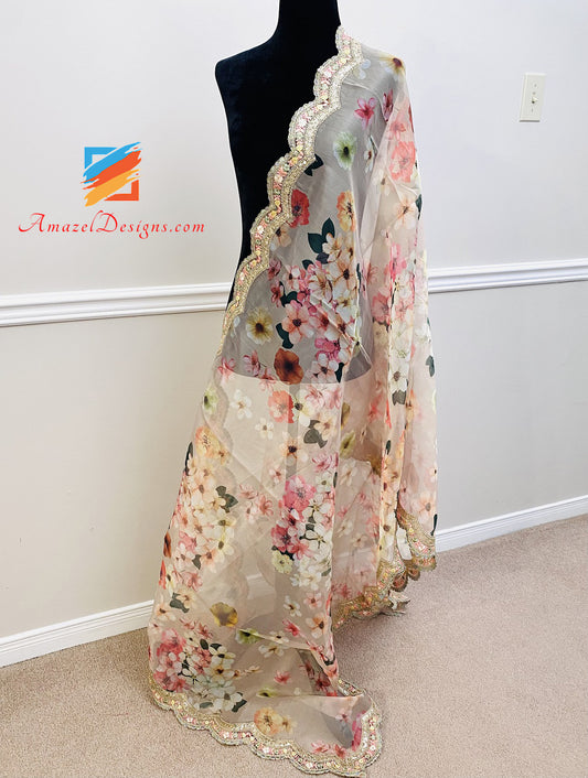 Golden Organza Printed Four Sided Cutwork Lace
