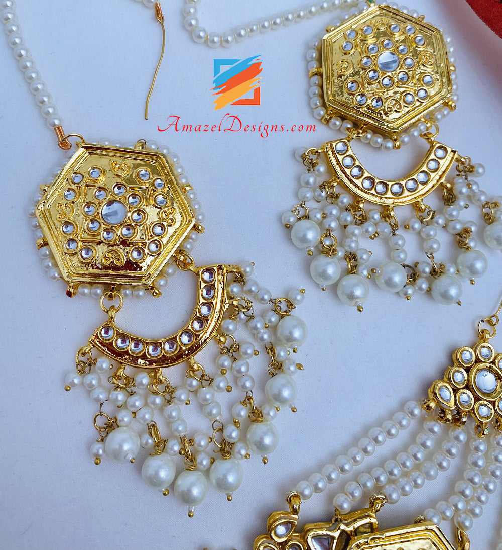Golden Painted Kundan Earrings Tikka Passa Set
