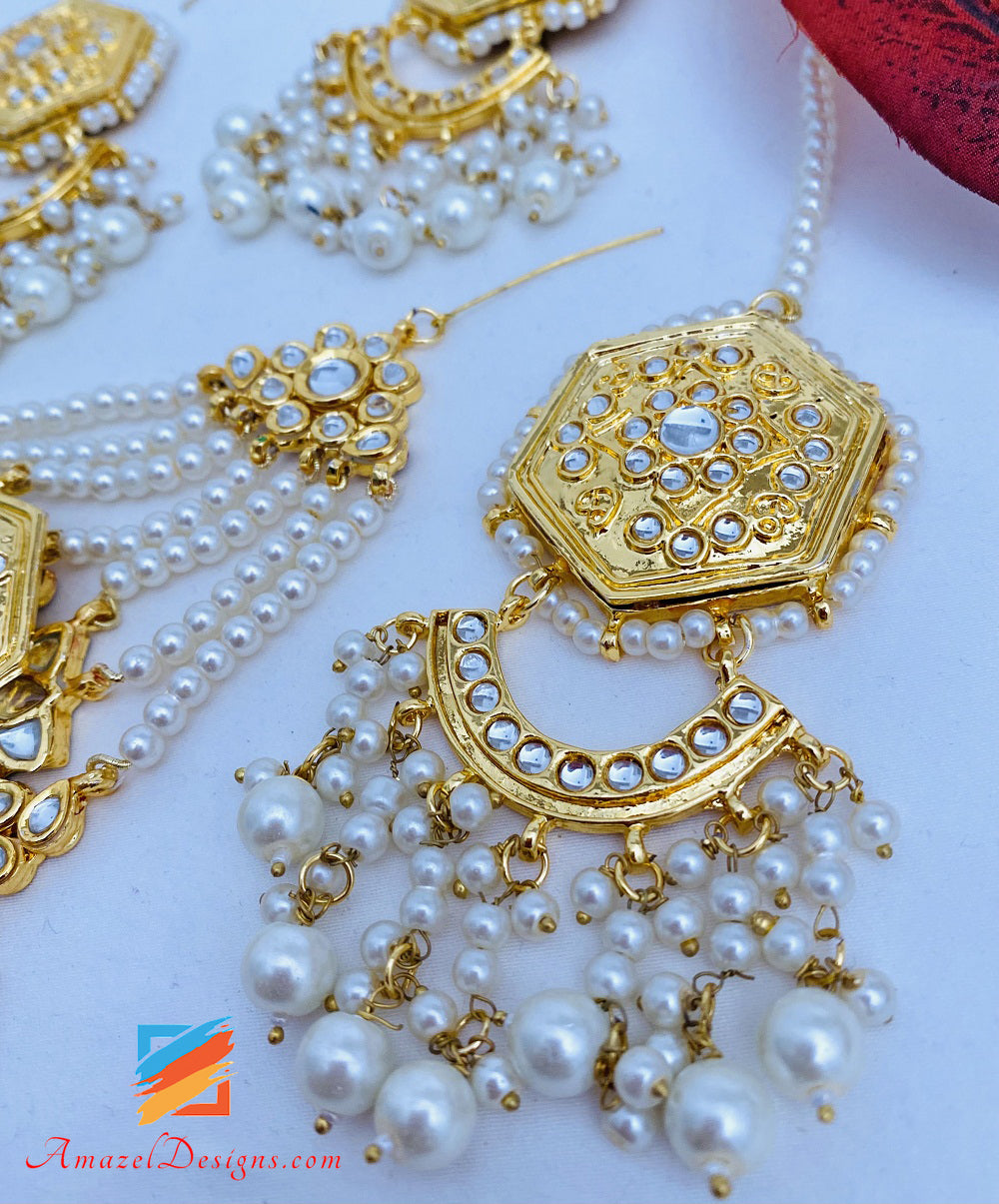 Golden Painted Kundan Earrings Tikka Passa Set