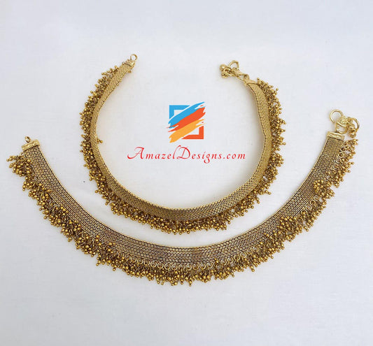 Golden Payal With Golden Bunches Of Tiny Beads