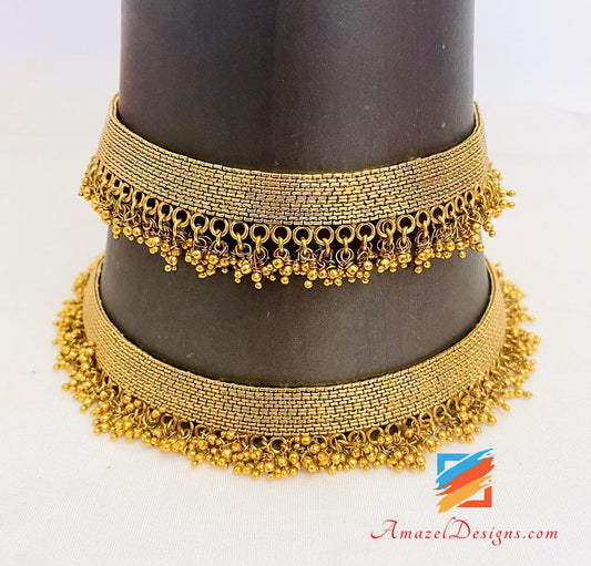 Golden Payal With Golden Bunches Of Tiny Beads