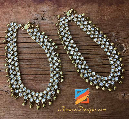 Golden Payal with White Stones and Ghungroo