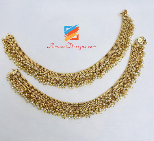 Golden Payal With White Bunches Of Beads