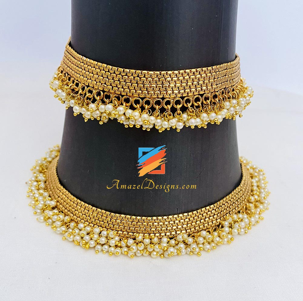 Golden Payal With White Bunches Of Beads