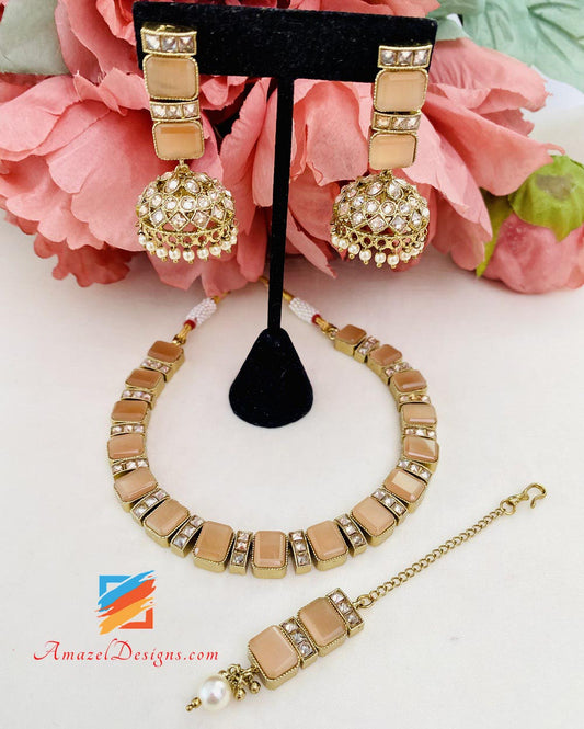 Golden Peach Monalisa Stone Choker Necklace Jhumki Tikka Set