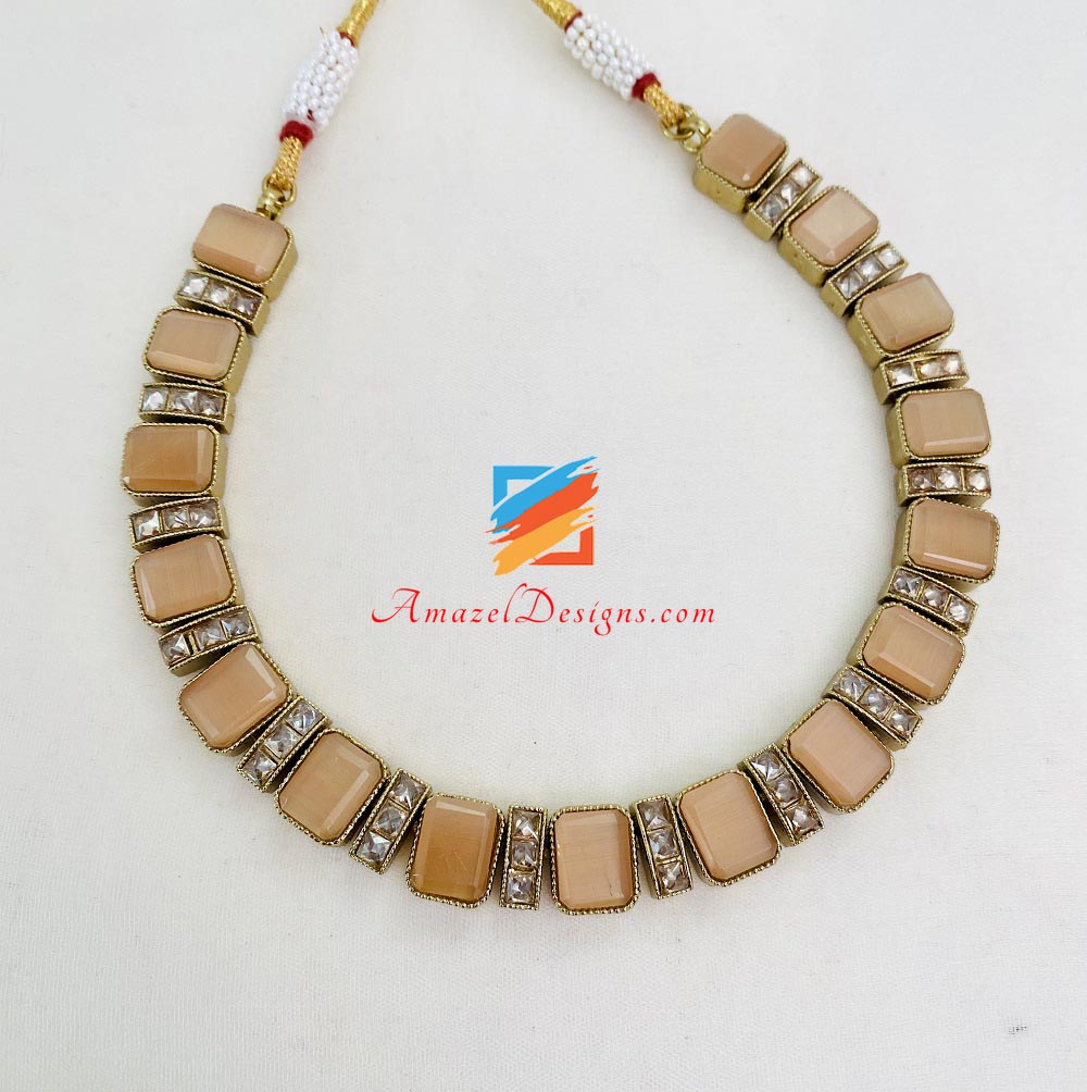 Golden Peach Monalisa Stone Choker Necklace Jhumki Tikka Set