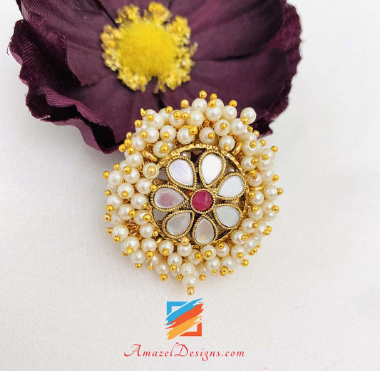 Golden Pearly Hot Pink (Magenta) Sheesha Adjustable Ring