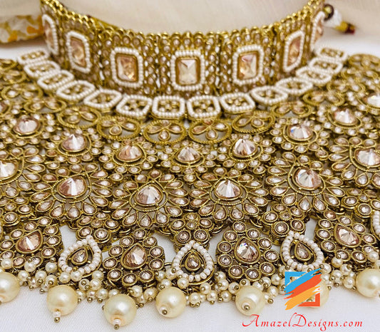 Golden Polki Bridal Necklace Earrings Head Piece - Matha Patti Hand Piece Passa Nath