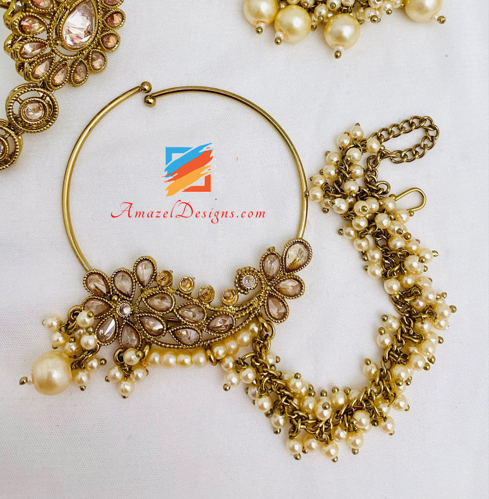 Goldene Polki Braut Halskette Ohrringe Kopfstück – Matha Patti Handstück Passa Nath 