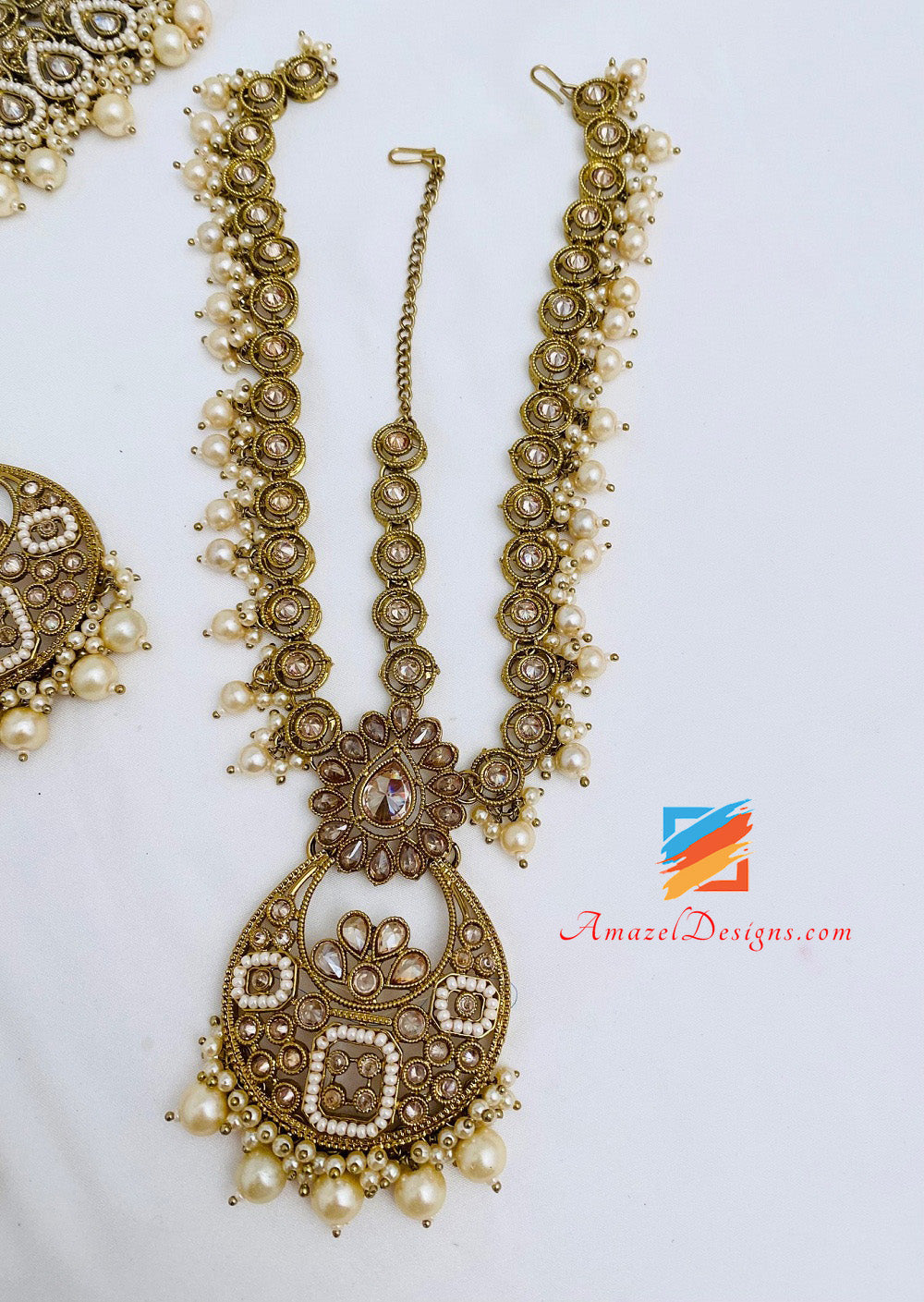 Golden Polki Bridal Necklace Earrings Head Piece - Matha Patti Hand Piece Passa Nath