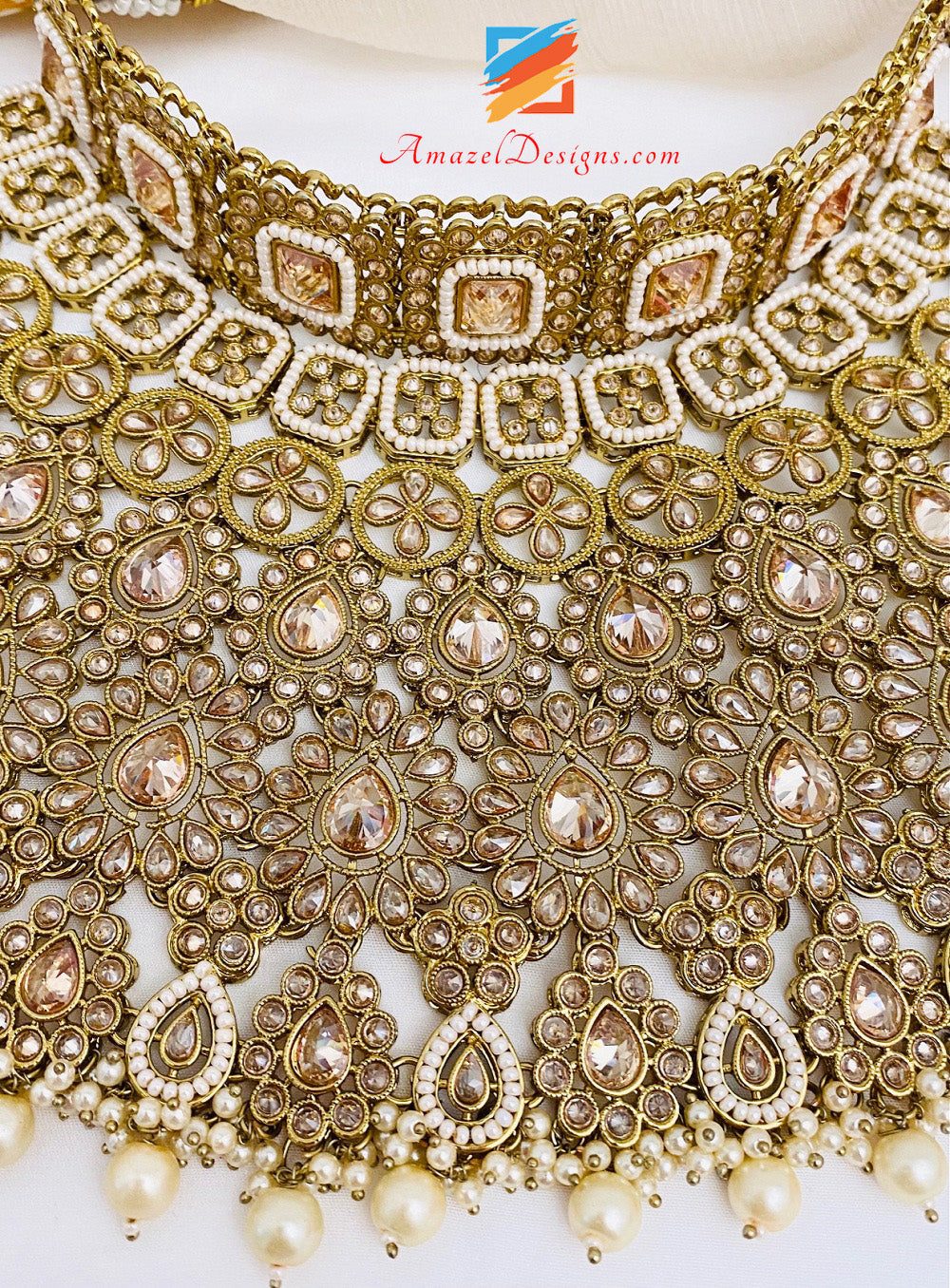 Goldene Polki Braut Halskette Ohrringe Kopfstück – Matha Patti Handstück Passa Nath 