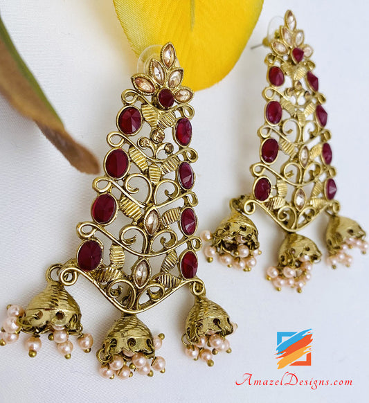 Golden Ruby Maroon Hanging Small Jhoomki Earrings