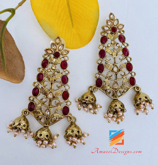 Golden Ruby Maroon Hanging Small Jhoomki Earrings