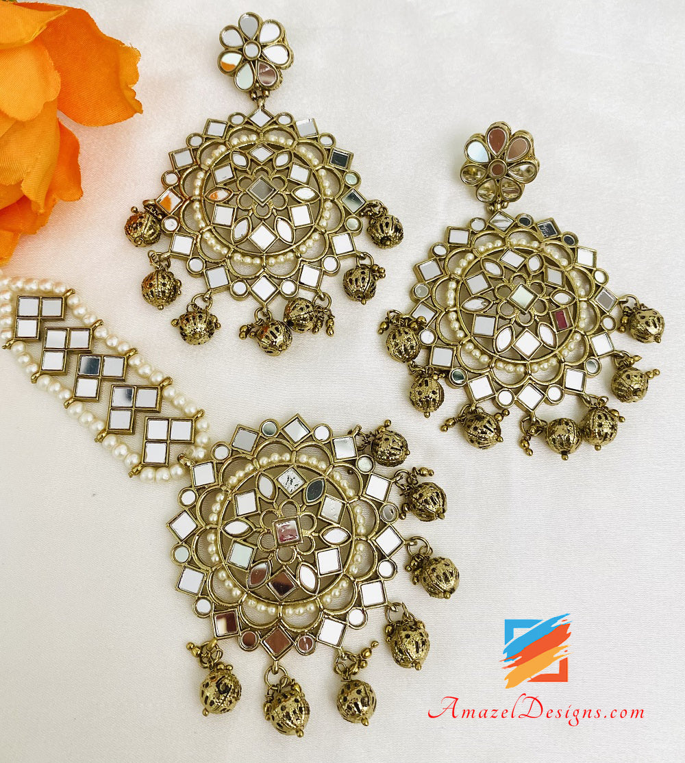 Golden Sheesha Earrings Tikka Set
