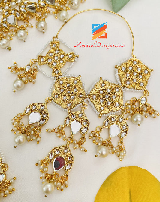 Golden Sheesha Kundan Choker Oversized Lightweight Balley Earrings Tikka Set