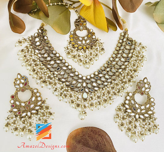 Golden Sheesha Lightweight Necklace Earrings Tikka Set