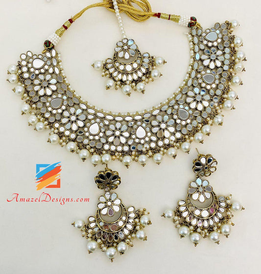 Golden Sheesha Necklace Earrings Tikka Set