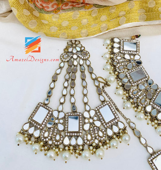 Golden Sheesha Necklace Earrings Tikka and Jhumer Set