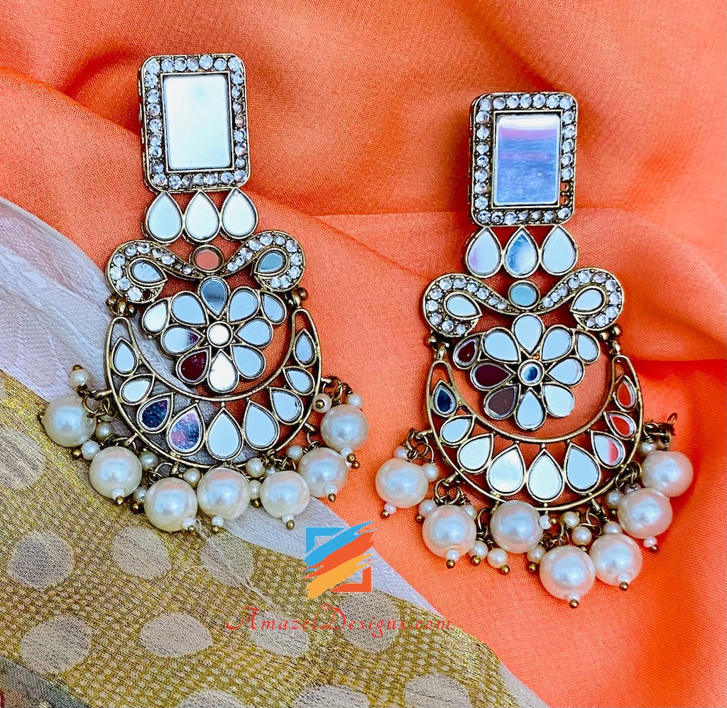 Golden Sheesha Necklace Earrings Tikka and Jhumer Set