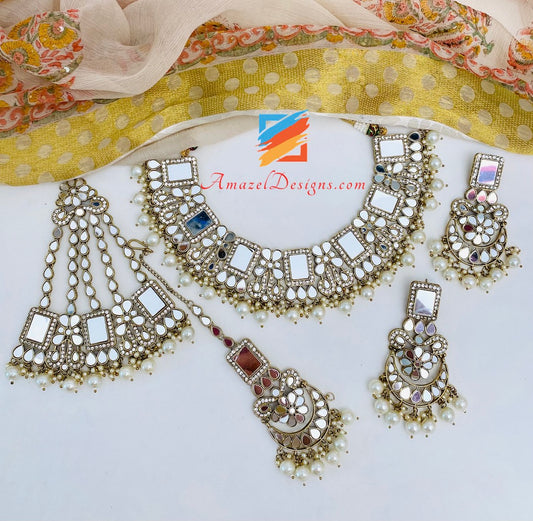Goldene Sheesha Halskette Ohrringe Tikka und Jhumer Set 