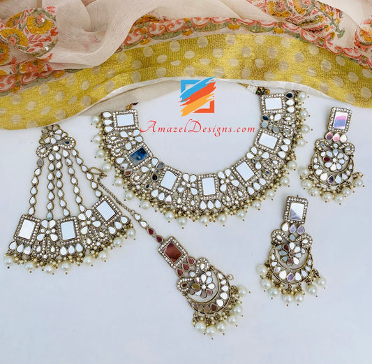 Golden Sheesha Necklace Earrings Tikka and Jhumer Set