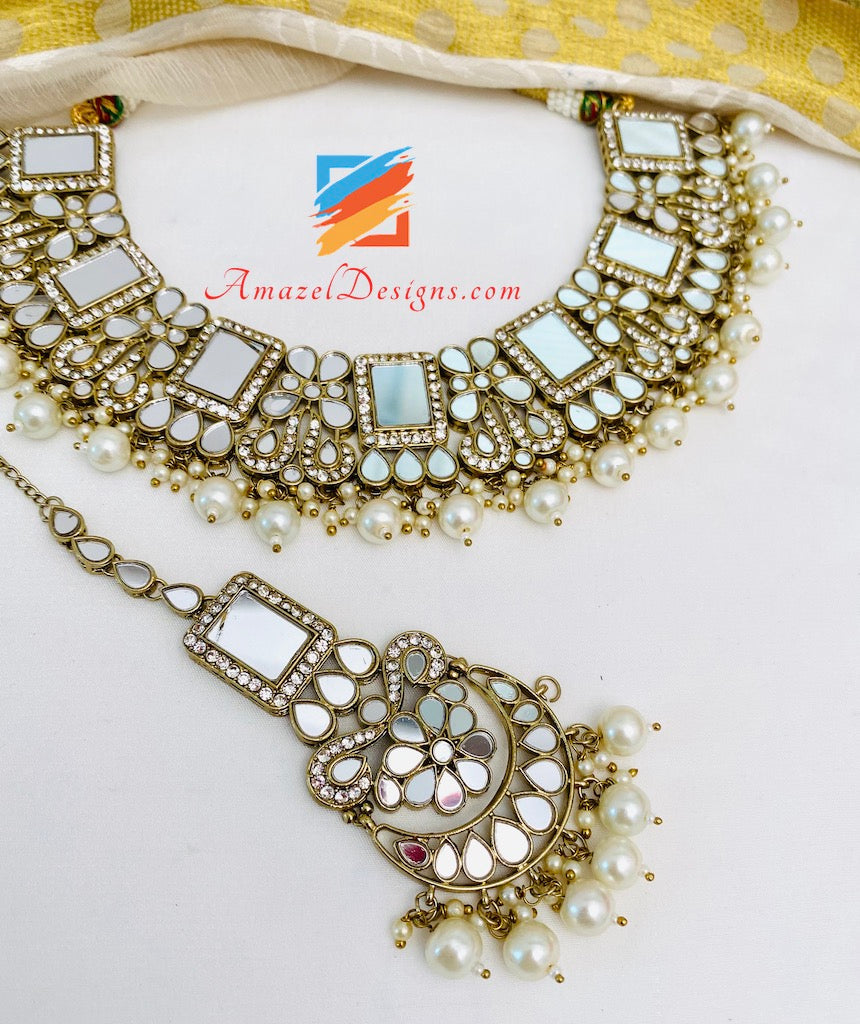 Golden Sheesha Necklace Earrings Tikka and Jhumer Set