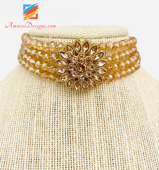 Golden Shiny Pearls Lightweight Flexible Choker And Studs Set