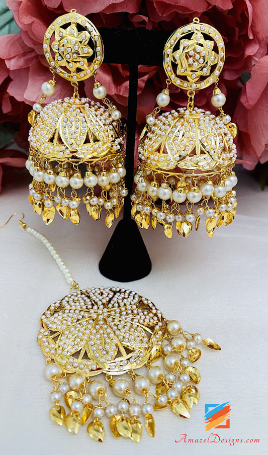 Golden Traditional Jadau Oversized Jhumka And Tikka Set