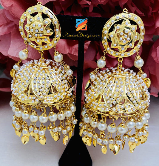 Golden Traditional Jadau Oversized Jhumka And Tikka Set