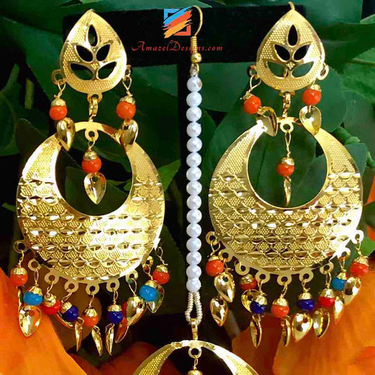 Orecchini Tikka tradizionali multicolori dorati Pipal Patti