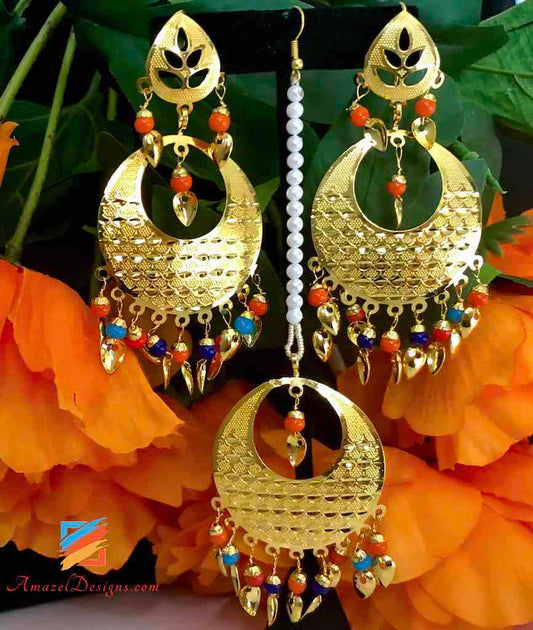 Golden Traditional Multicoloured Pipal Patti Earrings Tikka Set