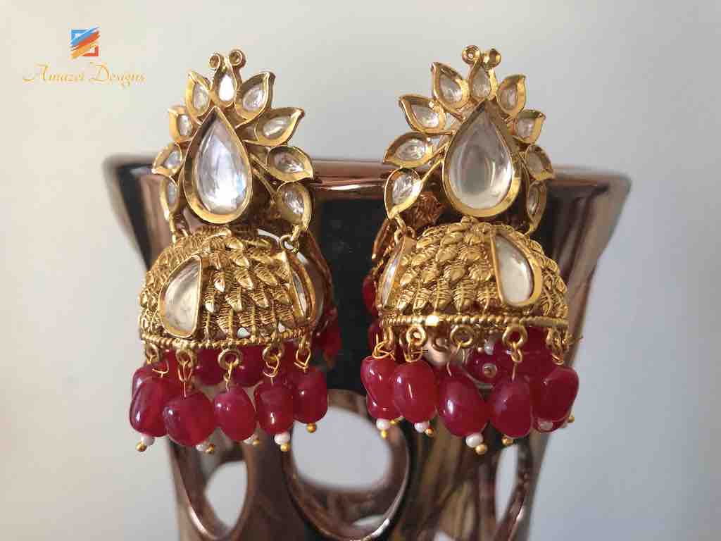 Golden Red Jhumki Earrings