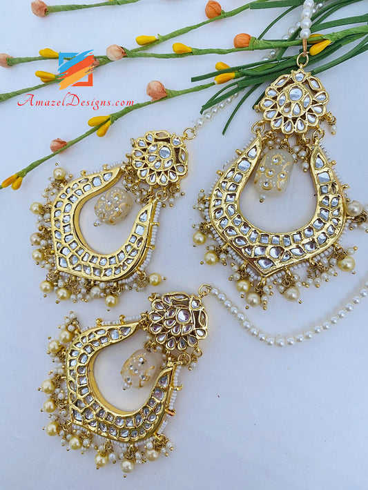 Goldene Meenakari Perlen Kundan Ohrringe Tikka Set 