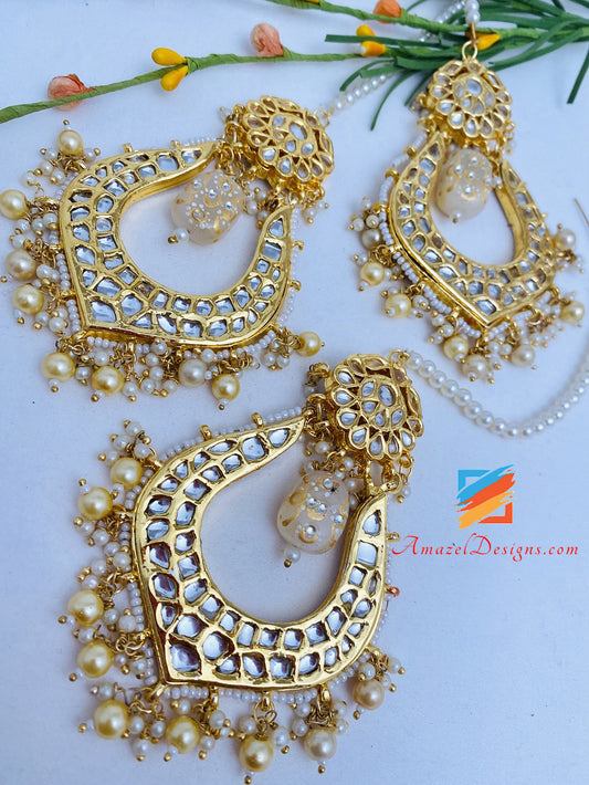 Golden Meenakari Bead Kundan Earrings Tikka Set