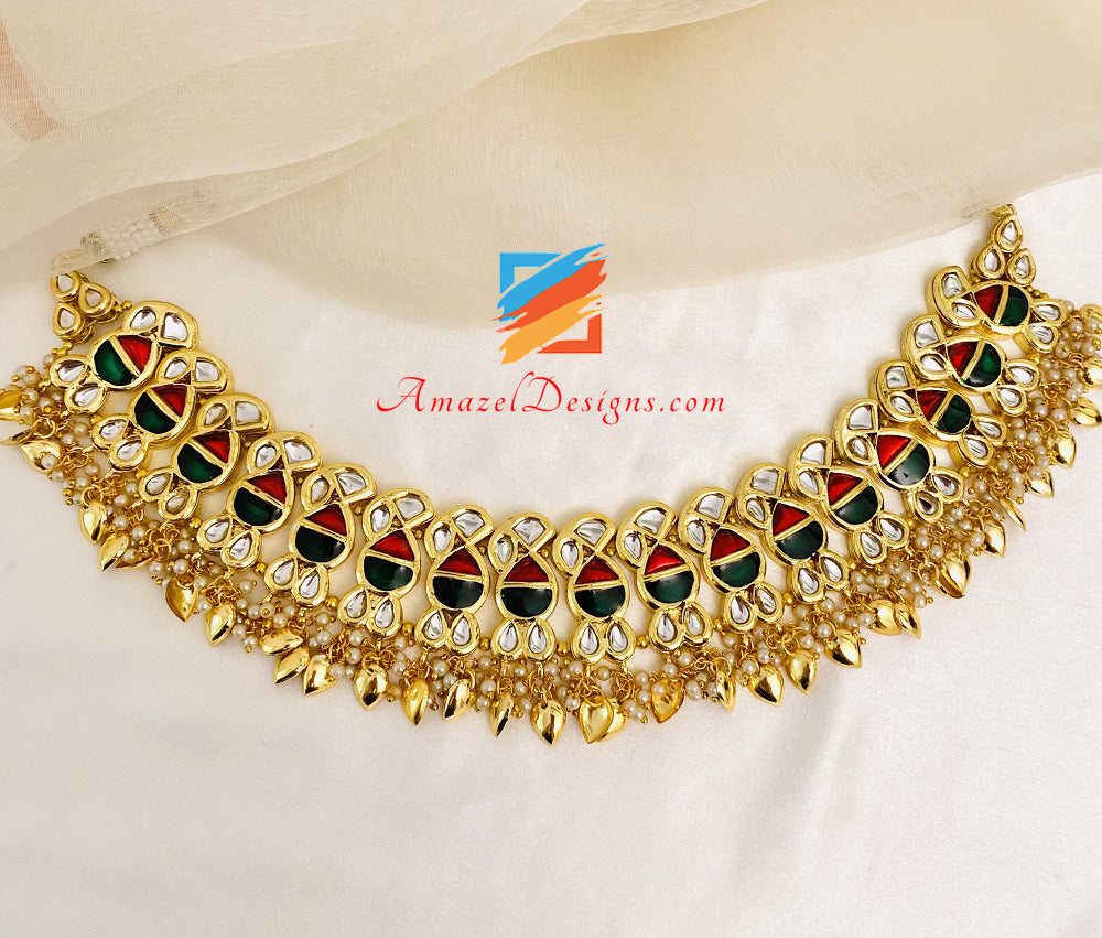 Golden Multicoloured Kundan Pippal Patti Necklace Earrings Tikka Set
