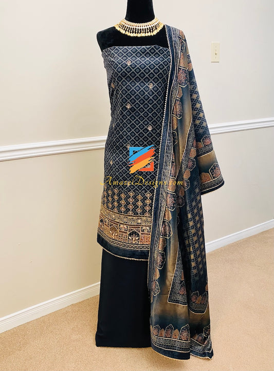 Gotta Patti Tilla Work Dark Navy Blue Fine Velvet Suit