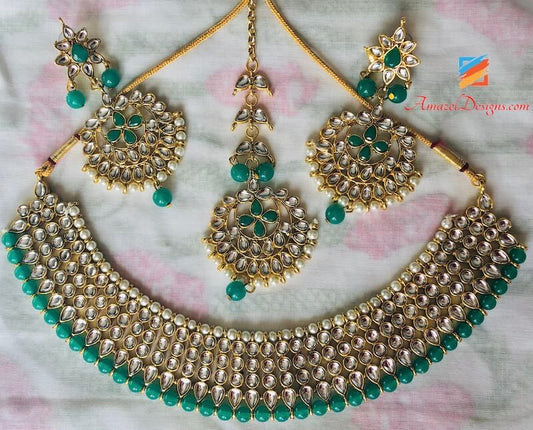 Graceful Green Kundan Necklace Earring Tikka Set