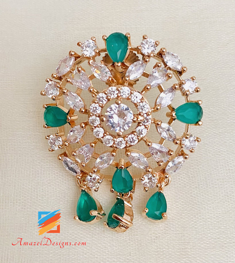 Green American Diamond (AD) Necklace Studs Tikka Set