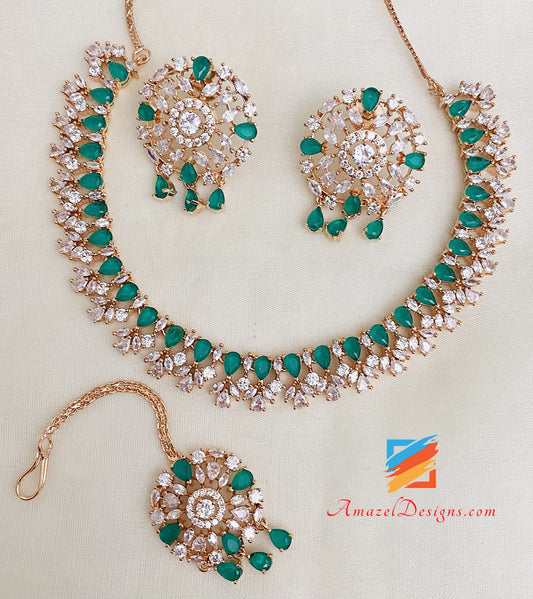 Green American Diamond (AD) Necklace Studs Tikka Set