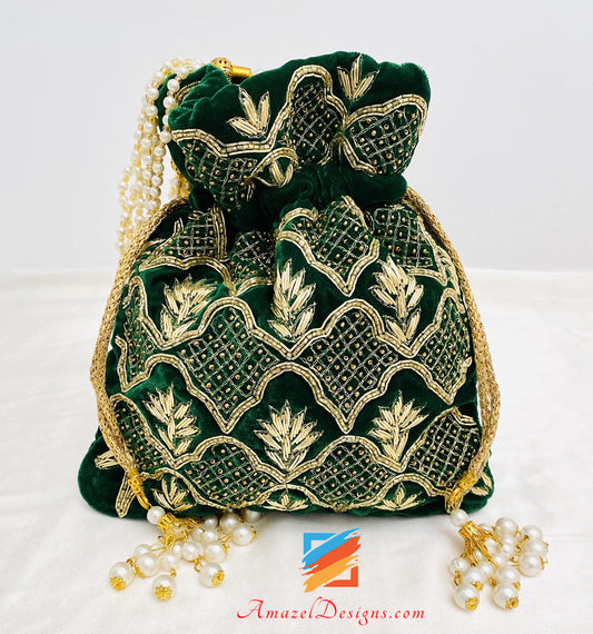 Green Dabka Tiny Beads Work Potli