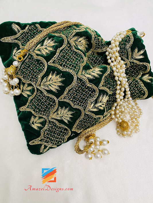 Green Dabka Tiny Beads Work Potli