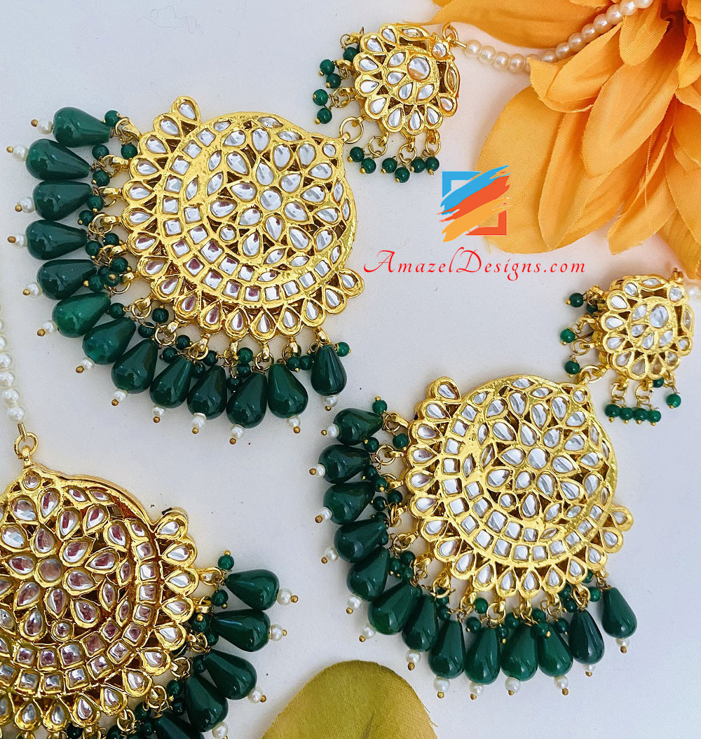 Green Emerald Golden Kundan Earrings Tikka Set