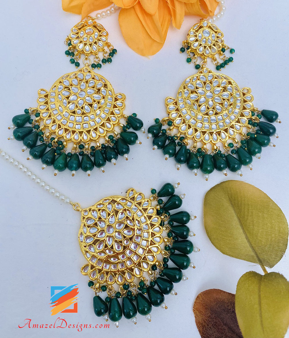 Green Emerald Golden Kundan Earrings Tikka Set