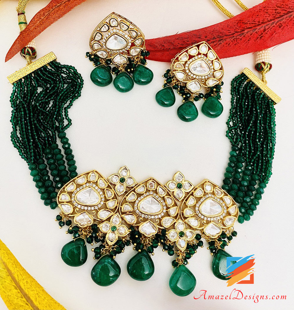 Green Emerald High Quality Statement Kundan Choker Necklace Studs Set