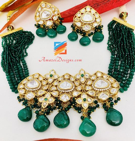 Green Emerald High Quality Statement Kundan Choker Necklace Studs Set