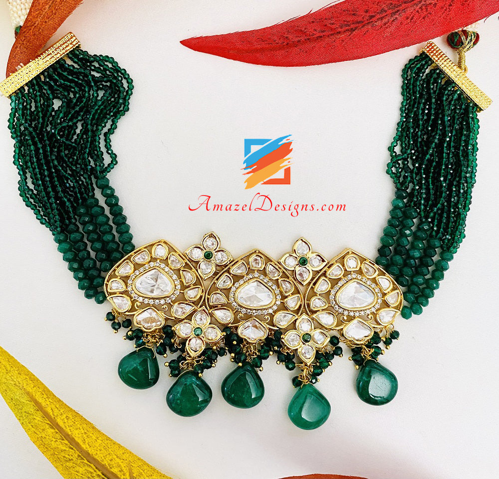 Green Emerald High Quality Statement Kundan Choker Necklace Studs Set