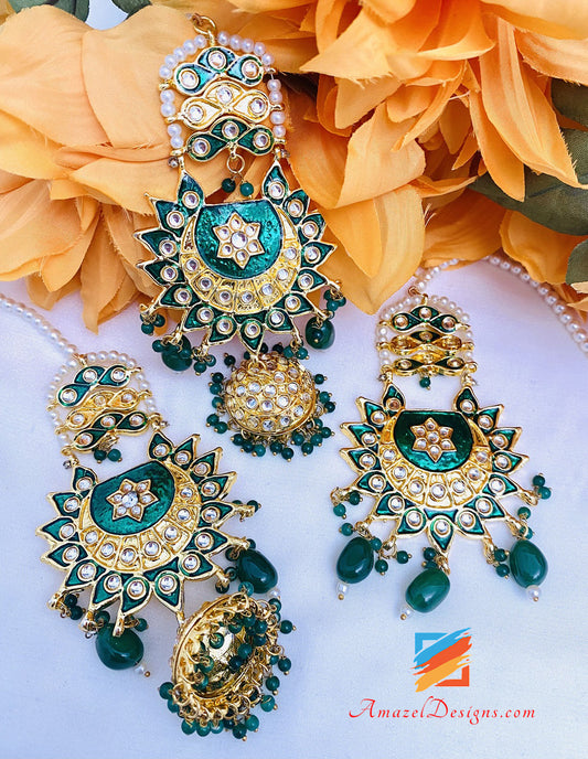 Green Emerald Kundan Chandbali Jhumki Earrings Tikka Set