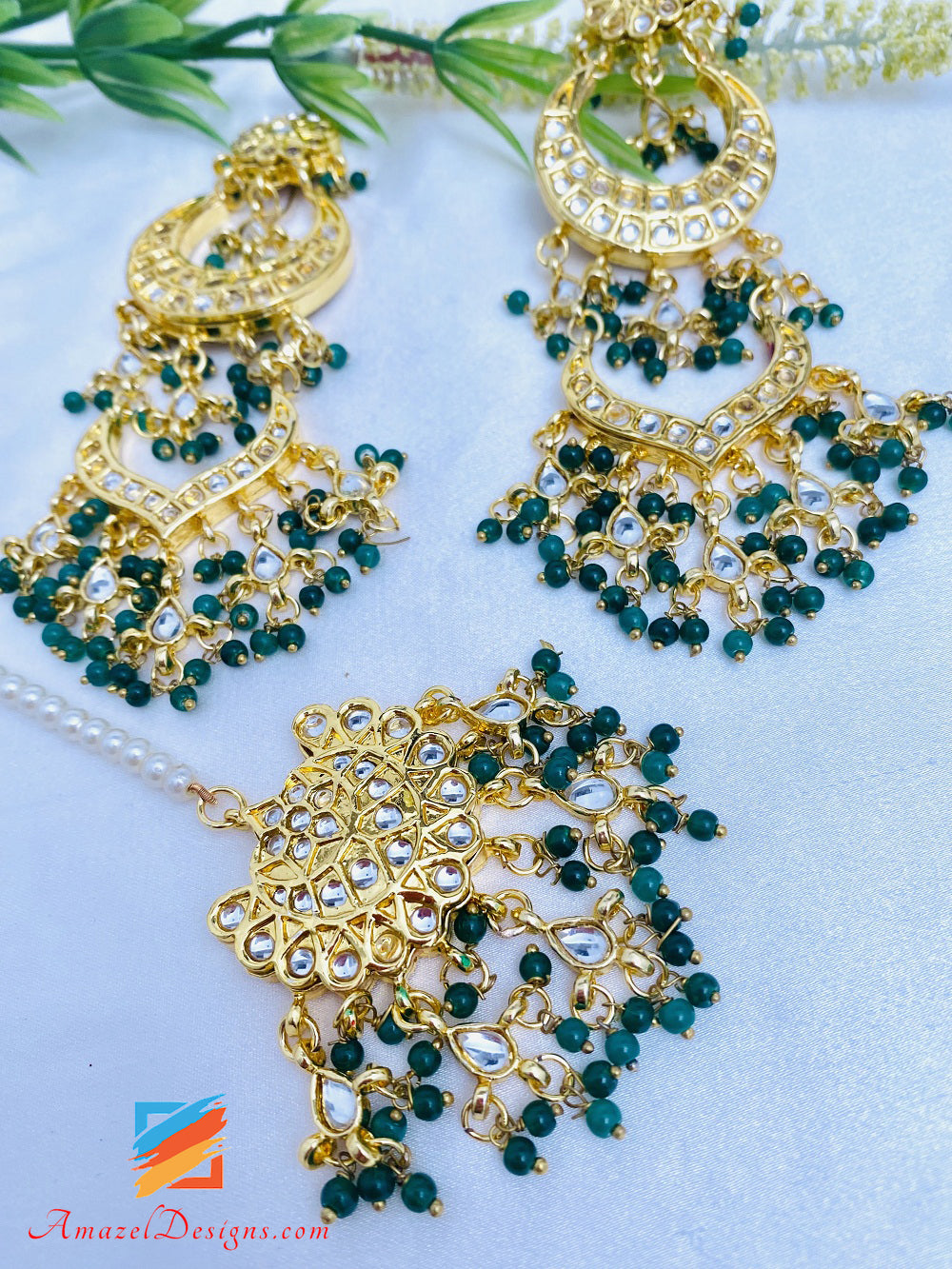 Green Emerald Kundan Earrings Tikka Set