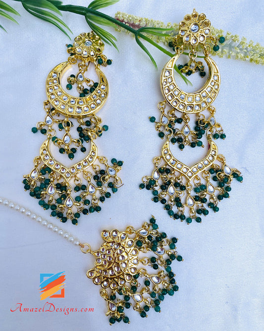 Green Emerald Kundan Earrings Tikka Set