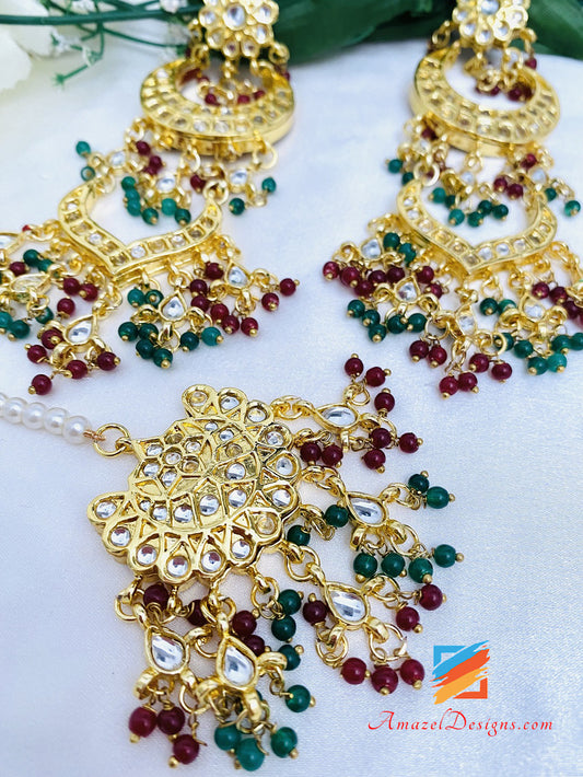 Green Emerald Maroon Ruby Kundan Earrings Tikka Set